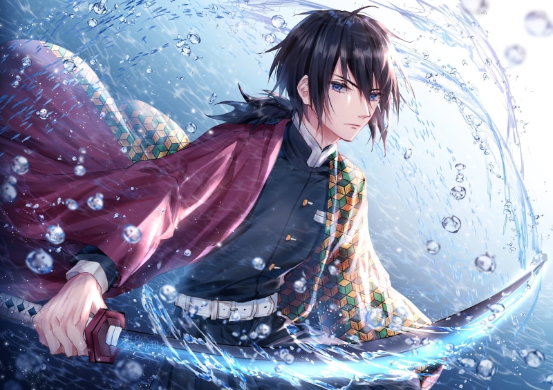 sword, anime, 2K, blue eyes, katana, water, anime boys, Giyu Tomioka (Kimetsu no Yaiba)