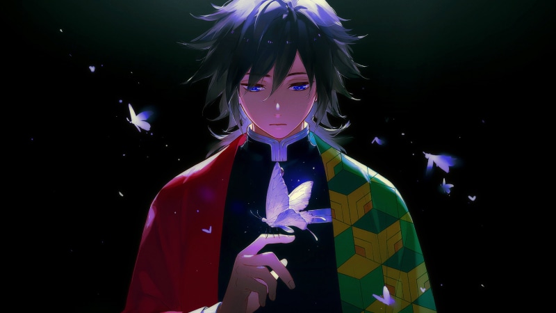 4K, Giyu Tomioka (Kimetsu no Yaiba), anime boys, butterfly, blue eyes, Demon Slayer: Kimetsu no Yaiba, anime, Kimetsu no Yaiba
