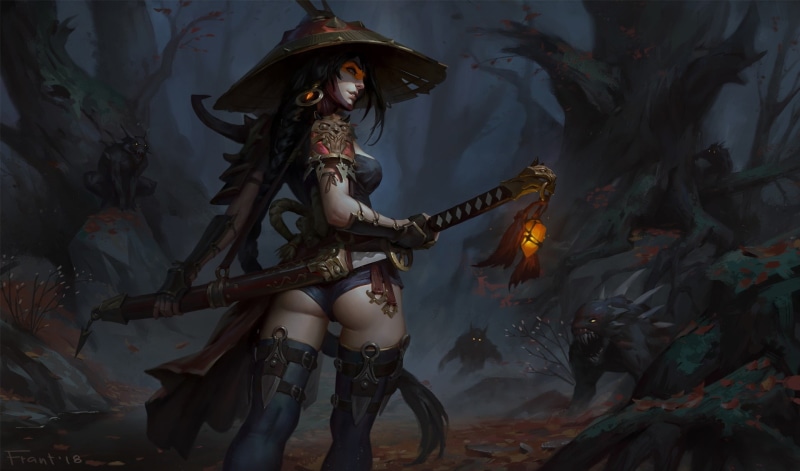 Demons, Art, Demon, Girl, by Dmitry Skvortsov, 1080P, Dmitry Skvortsov, The demon hunter, Figure, Demon hunter, Hunter, Katana, Sword