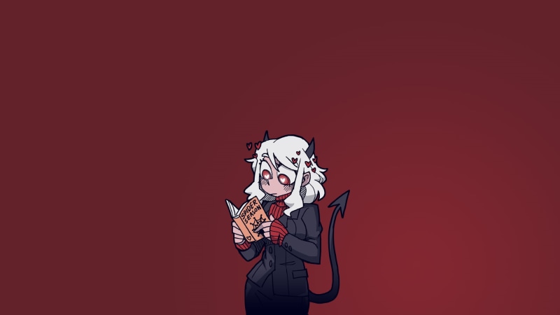 demon horns, 1080P, heart eyes, anime, business suit, demon girls, tail, simple background, demon girl, Helltaker, anime girls, red eyes, blushing, blond