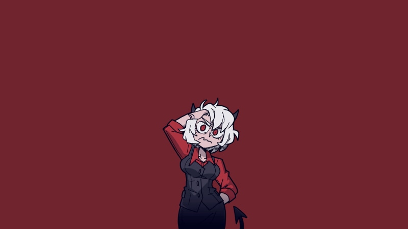 horns, demon girls, 1080P, anime, tail, demon girl, red eyes, Helltaker, white hair, anime girls, simple background