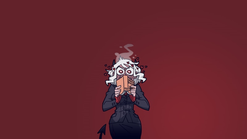 Helltaker, demon horns, heart eyes, business suit, red eyes, anime girls, demon girl, anime, simple background, 1080P, blond hair, blushing, demon girls