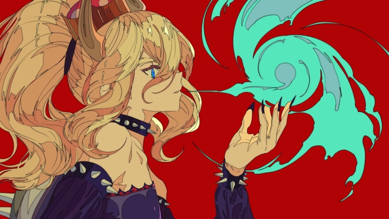 simple background, manga, human representation, pattern, bowser, Super Mario, multi colored, blonde, demon horns, close-up, Bowsette, standing, minimalism