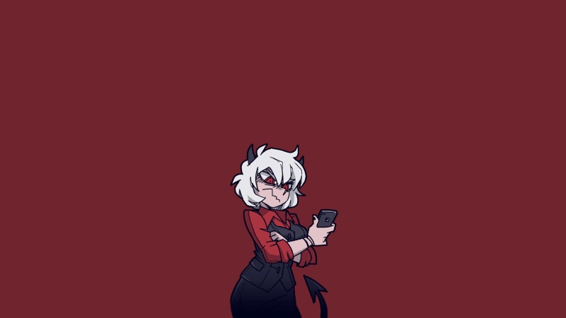 1080P, anime girls, horns, tail, Helltaker, demon girls, anime, red eyes, simple background, demon girl, white hair, phone
