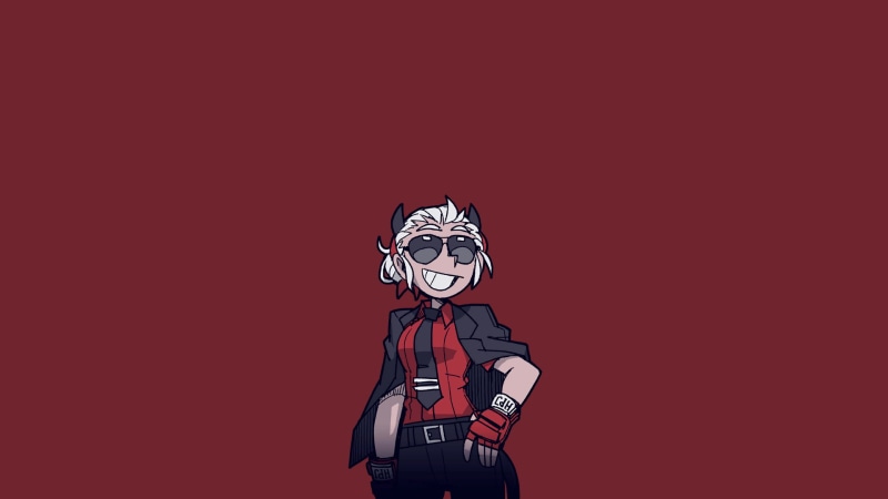white hair, anime girls, gloves, 1080P, anime, demon girls, simple background, tie, red background, sunglasses, demon girl, Helltaker, women with shades