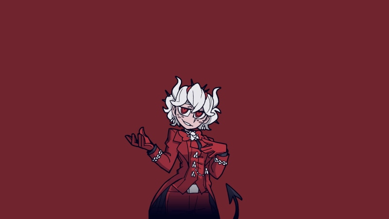 red eyes, dress, anime girls, anime, white hair, tail, red dress, demon girls, 1080P, Helltaker, gloves, simple background, red background, demon girl