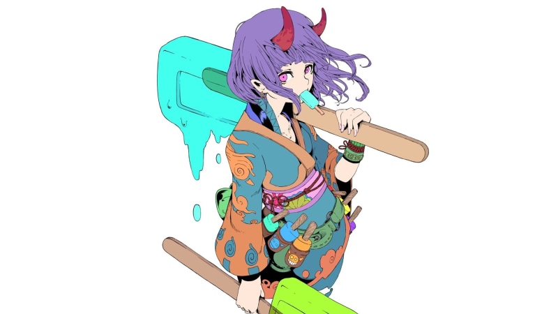 art and craft, anime girls, ice cream, purple hair, representation, minimalism, communication, cut out, sky, manga, Oni, yukata, multi colored, demon, anime