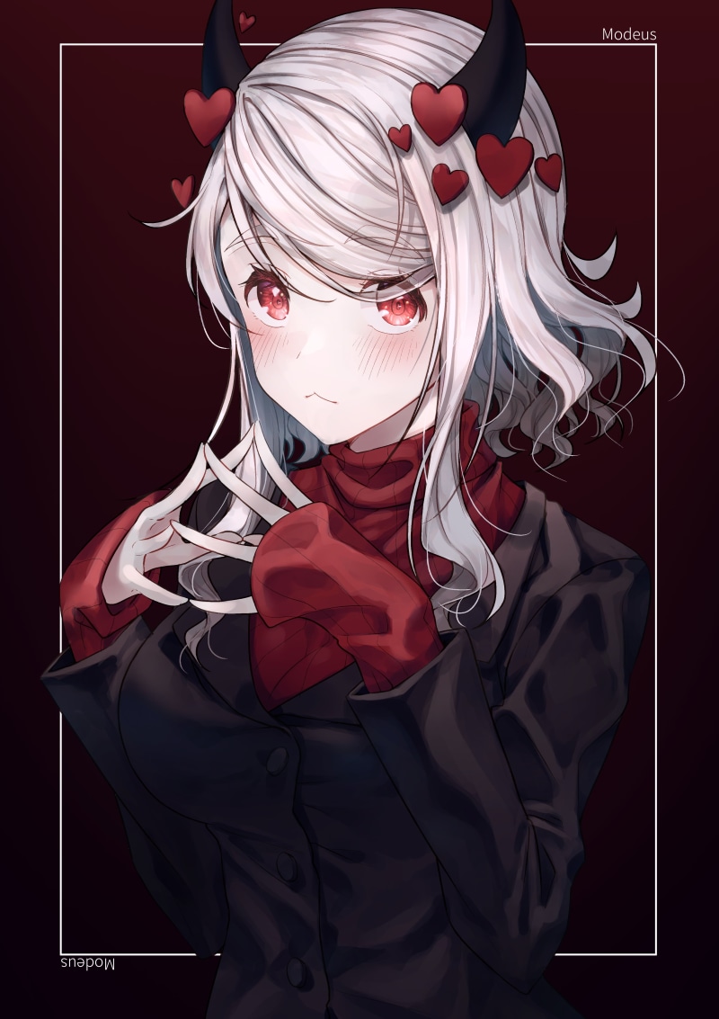 Modeus (Helltaker), demon girls, Helltaker, red eyes, 4K, anime, horns, anime girls, silver hair