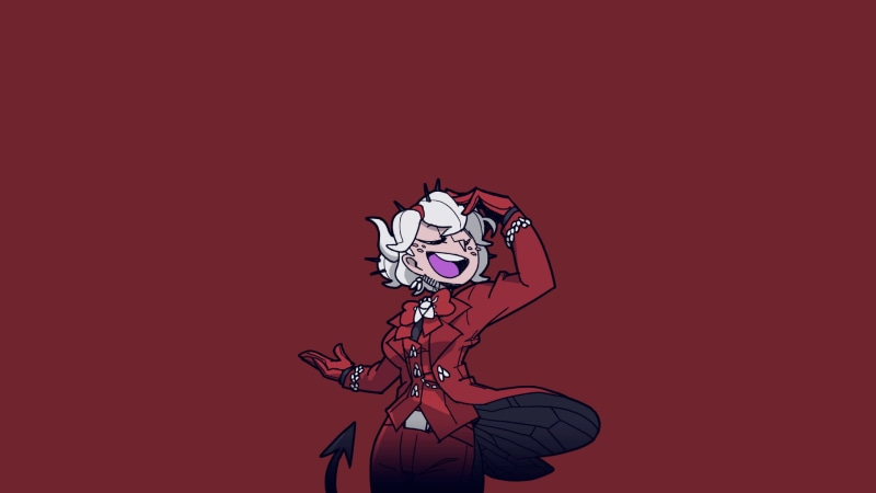 simple background, red dress, demon girl, demon girls, Helltaker, 1080P, dress, tail, gloves, anime girls, red background, anime, white hair, red eyes