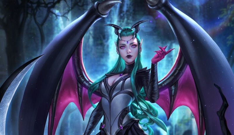 2K, fantasy art, wings, fantasy girl, demon girls, long hair, pink eyes, succubus, green hair, demon, artwork