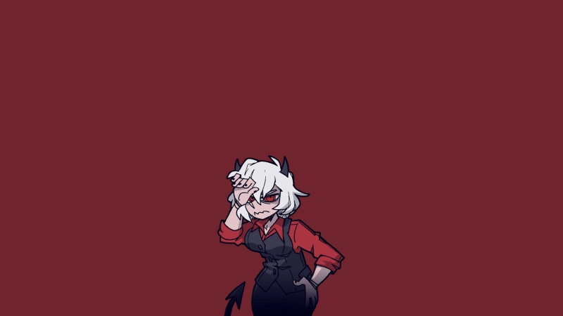 demon girl, red eyes, white hair, Helltaker, demon girls, anime, 1080P, anime girls, tail, simple background, horns
