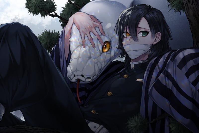 trees, Kimetsu no Yaiba, giant, Male, Iguro Obanai, heterochromia, sitting, 720P, snake