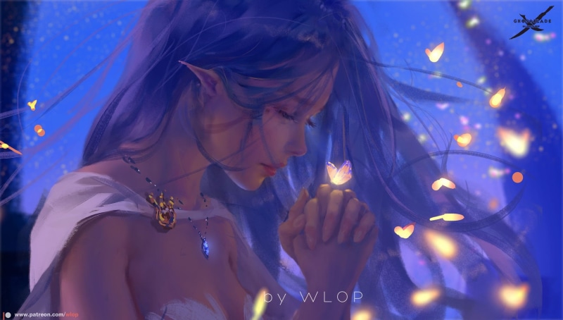 artwork, long hair, elves, butterfly, women, butterflies, WLOP, blue, digital art, blue hair, 720P