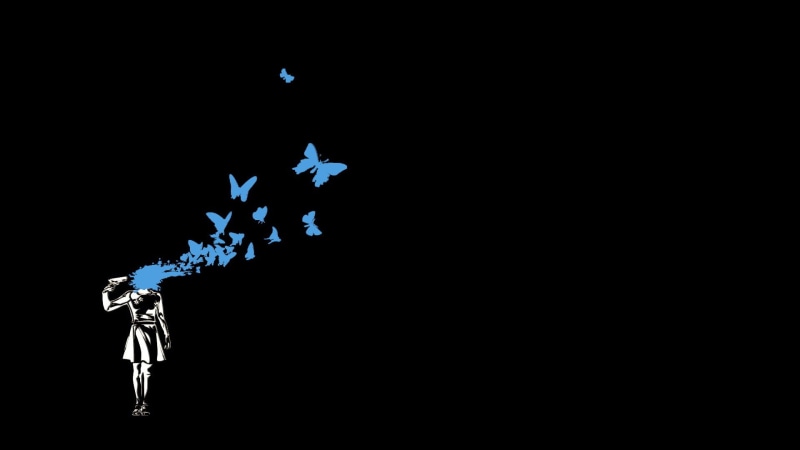 artwork, 1080P, Persona series, gun, butterfly, Persona 3, black background, minimalism, dark, suicide