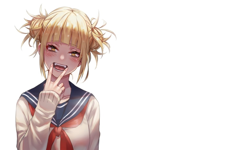 smiling, portrait, hair, blond hair, white background, headshot, front view, hairstyle, beautiful woman, 1080P, studio shot, human face, Himiko Toga, indoors
