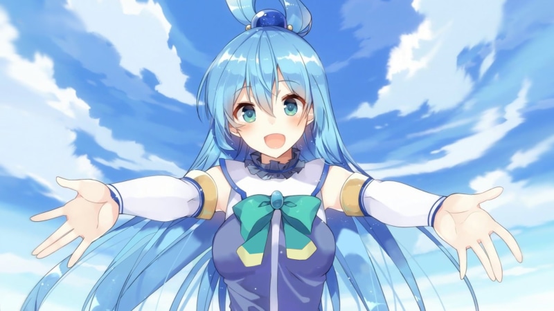 digital composite, sky, real people, day, young adult, outdoors, adult, blue, looking at camera, waist up, Aqua (KonoSuba), portrait, lifestyles, Kono Subarashii Sekai ni Shukufuku wo!