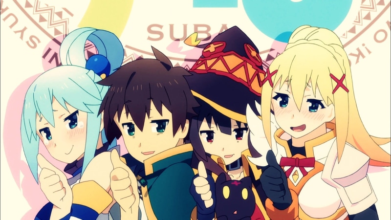 haired, Satō Kazuma (Kono Subarashii Sekai ni Shukufuku wo!), Megumin, art and craft, illustration, outdoors, people, multi colored, yellow, close-up, Darkness (KonoSuba)