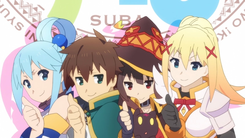 thumbs up, Darkness (KonoSuba), 1080P, anime girls, Kono Subarashii Sekai ni Shukufuku wo!, Aqua (KonoSuba), group of people, Satō Kazuma (Kono Subarashii Sekai ni Shukufuku wo!)