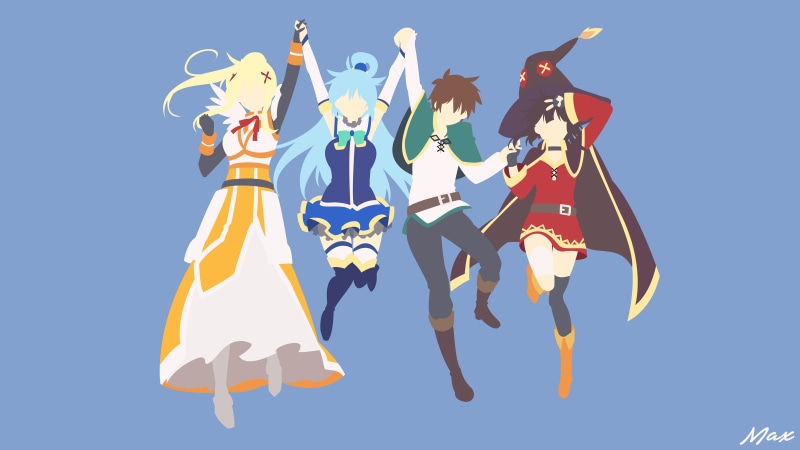 Kono Subarashii Sekai ni Shukufuku wo!, simple background, low angle view, minimalism, no people, arms raised, Megumin, Aqua (KonoSuba), full length, 8K
