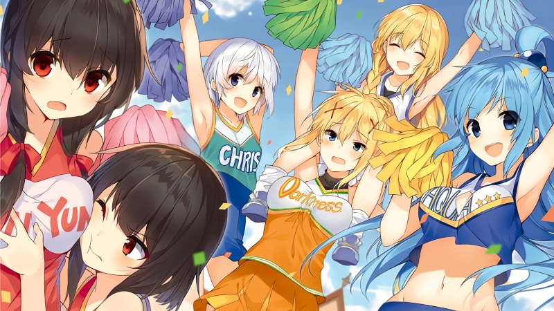 cheerleaders, celebration, Aqua (KonoSuba), Darkness (KonoSuba), side by side, child, anime girls, men, art and craft, group of people, multi colored, mask