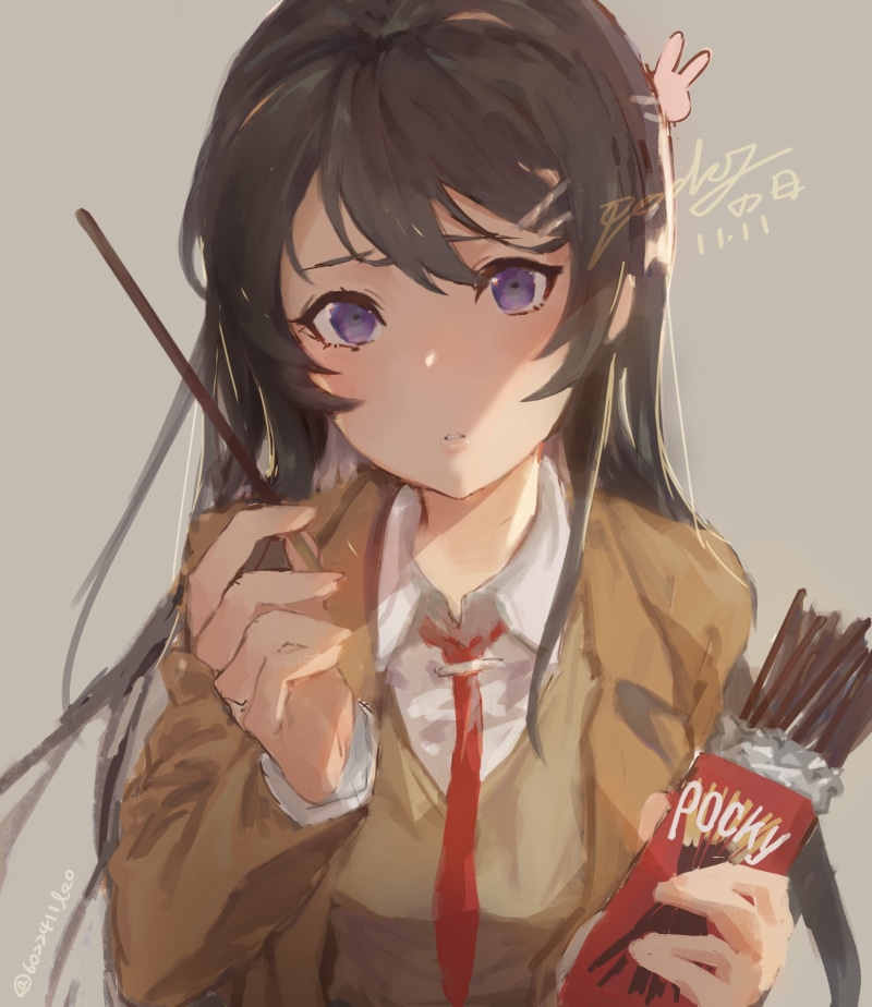 Seishun Buta Yarō wa Bunny Girl-senpai no Yume wo Minai, Sakurajima Mai, 1080P, purple eyes, anime, Pocky, brunette, anime girls