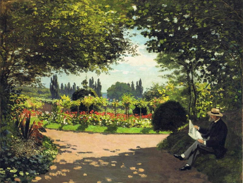 stay, painting, scenics - nature, s, architecture, outdoors, plant, shadow, tranquility, garden, hat, day, tree, 1080P, tranquil scene, brown, Claude Monet