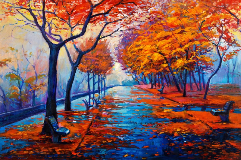 trees, tranquil Scene, leafed, landscape, oil, woodland, lush Foliage, colors, plant part, orange Color, season, beauty In Nature, red, tranquility, gold Colored
