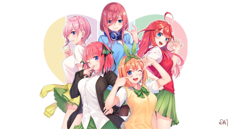 1080P, Nakano Yotsuba, school uniform, anime, Nakano Ichika, Nakano Itsuki, Nakano Miku, headphones, Nakano Nino, 5-toubun no Hanayome, anime girls