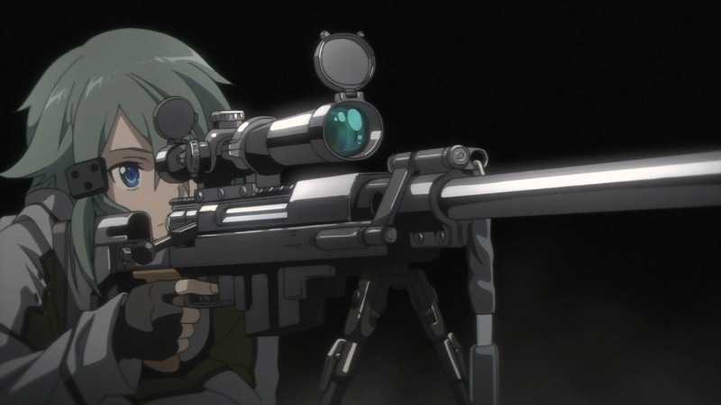 ratio, security, studio shot, illuminated, weapon, metal, 1080P, pgm, protection, lighting equipment, dark, representation, hecate, ultima, Sinon (Sword Art Online)