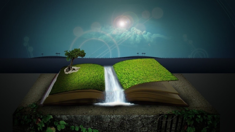 vignette, landscape, motion, growth, no people, waterfall, Sun, page, hedge, digital, long exposure, book, sky, glowing, plants, 720P, tranquility, tree