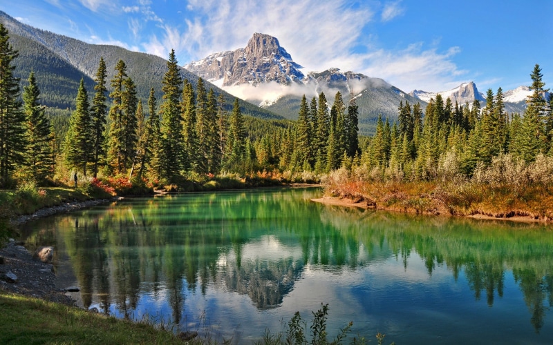 nature, coniferous tree, water, mountain, beauty in nature, scenics - nature, reflection, 1080P, pine tree, growth, tree, non-urban scene, formation, mountain range