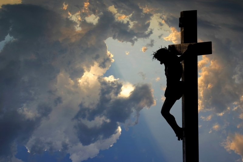 male likeness, religion, jesus pretty picture background, representation, 1080P, low angle view, sunset, sky, day, outdoors, nature, crucifix, human representation