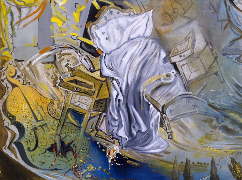 picture, surrealism, Salvador Dali, 1080P, Bed and Two Bedside Tables, Ferociously Attacking A Cello