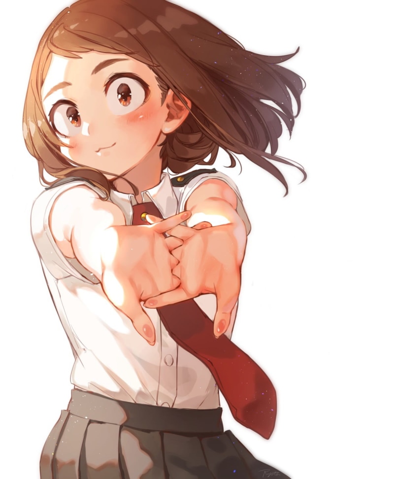 studio shot, fashion, white background, women, beautiful woman, anime girls, young women, 720P, hairstyle, beauty, hair, one person, females, Uraraka Ochako