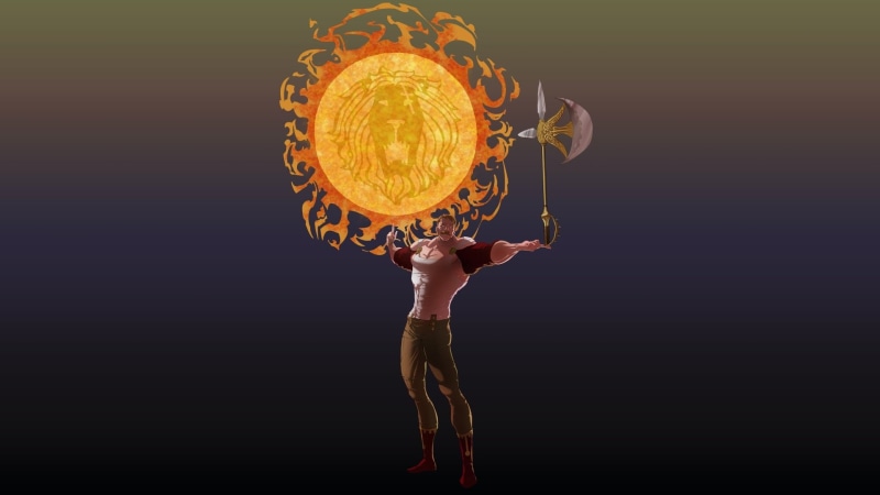 winning, 1080P, Escanor (The Seven Deadly Sins), standing, Axe, light - natural phenomenon, one person, holding, indoors, copy space, orange color, The Seven Deadly Sins