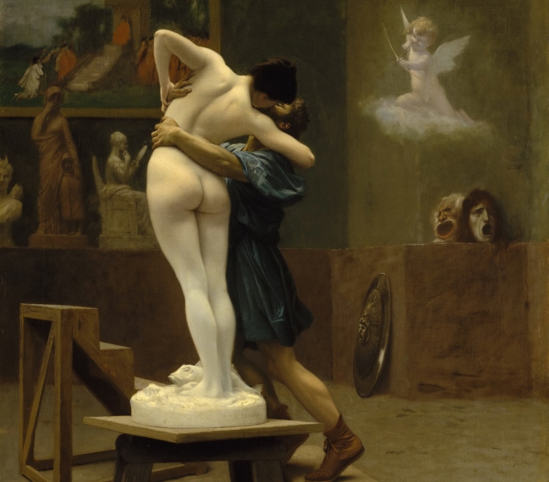 statue, workshop, side view, female likeness, sculpture, fashion, interior, one person, young adult, male likeness, creativity, picture, indoors, Pygmalion and Galatea