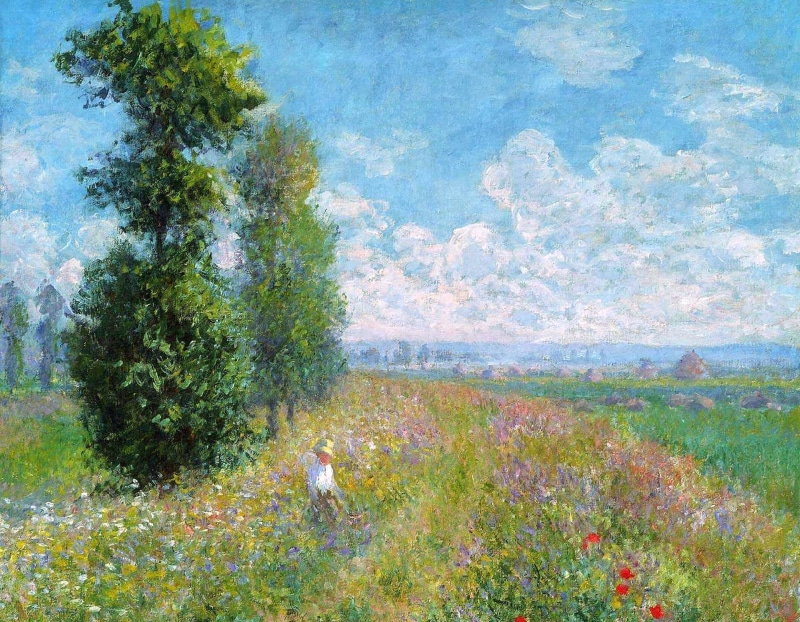 blue, tree, daytime, outdoors, forest, field, MOP, man, nature, painting, water, Claude Monet, colors, tranquility, summer, autumn, 1080P, cloud - sky