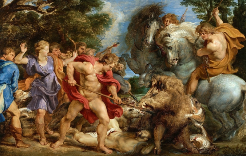 Peter Paul Rubens, hunting, Hunting for Kalidoscope Boar, wild, painting, boar, Atalanta and Meleager Hunting the Boar, 4K, picture, people, Pieter Paul Rubens