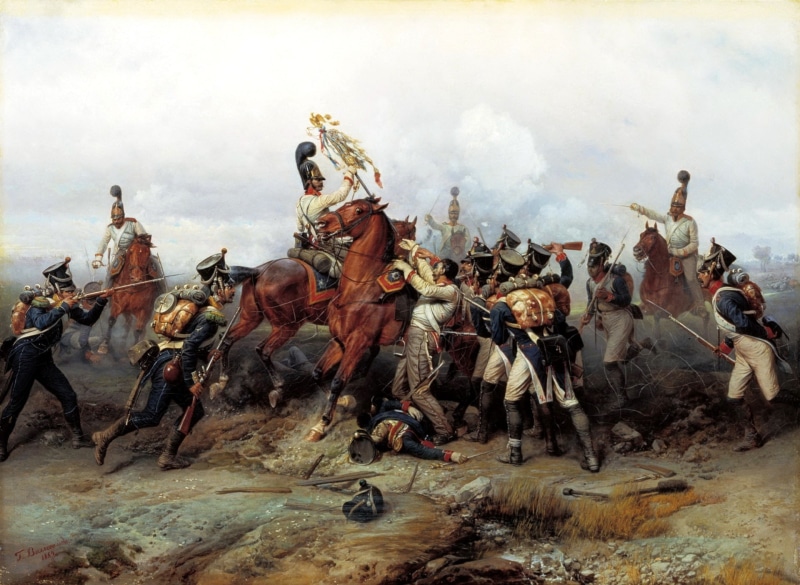 painting, Austerlitz, sky, outdoors, motion, large group of people, real people, nature, 1805, men, crowd, traditional clothing, the battle, canvas, the feat of cavalry regiment