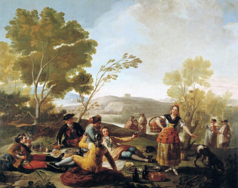 landscape, representation, tree, painting, 1080P, picture, Picnic, woman, men, group of people, lifestyles, Francisco Goya, real people, sitting, crowd