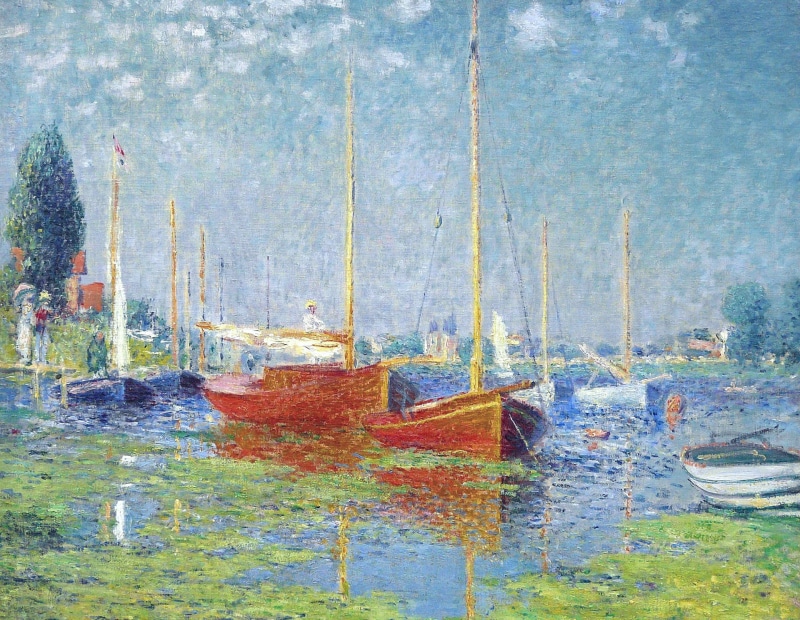 reflection, day, boats, near, Argenteuil. Yachts, outdoors, rowboat, painting, picture, buildings, rippled, lake, water, waterfront, sailboat, fishing boat