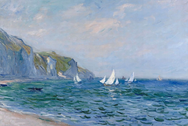 nautical vessel, mode of transportation, water, Claude Monet, sky, turquoise colored, nature, waterfront, picture, environment, marine, Cliffs and Sailboats at Purvile