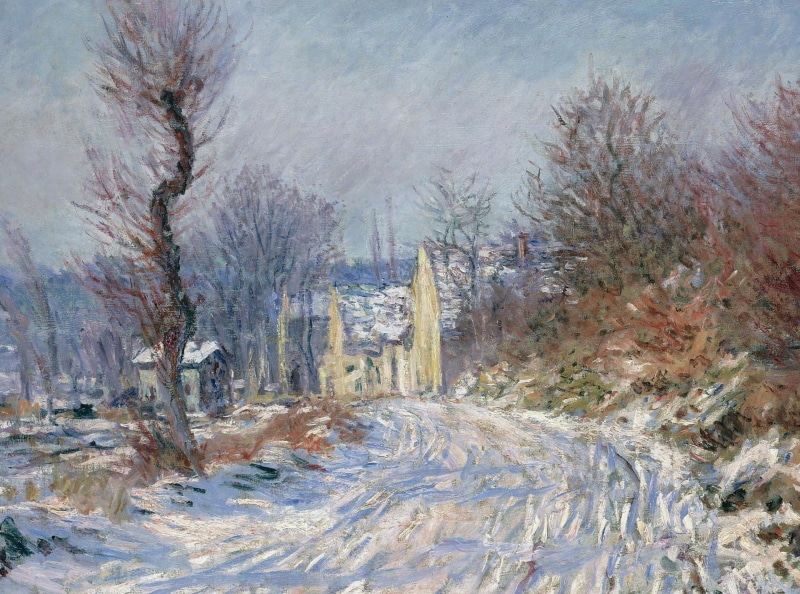 painting, 1080P, plant, frozen, day, bare tree, non-urban scene, classic art, cold temperature, snow, tranquil scene, land, no people, tree, tranquility