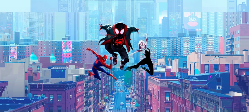 Buildings, Kimiko Glenn, peni parker, Into the Spider-Verse, Sneakers, Young man, Spider Verse, gwen stacy, City, Liev Schreiber, Sci-Fi, the, Nicolas Cage