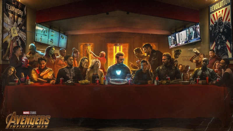 Tom Holland, Tom Hiddleston, characters, Natasha Romanoff, Mantis, The Avengers: infinity War, Benedict Cumberbatch, Winter Soldier, table, Dave Bautista