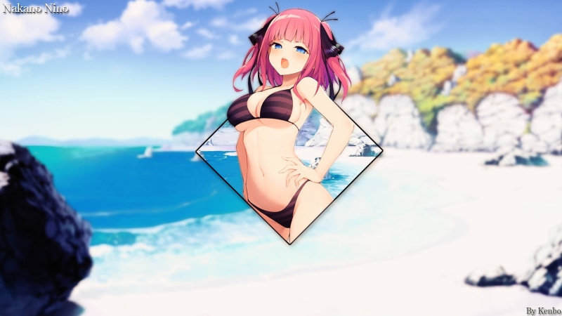 1080P, 5-toubun no Hanayome, twintails, Nakano Nino, shades, anime, redhead, picture-in-picture, beach, pink hair, blue eyes, 2D, anime girls
