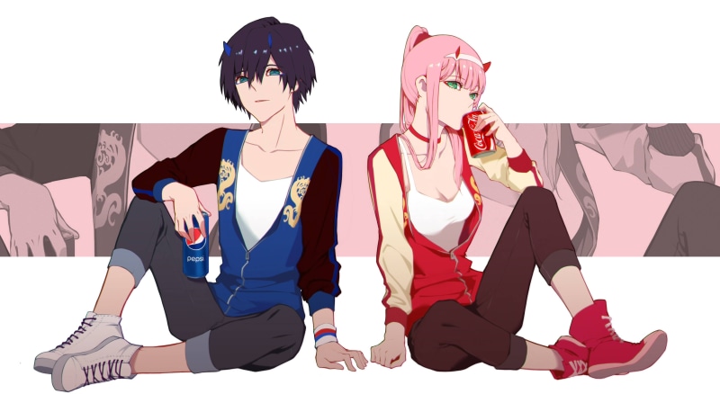 people, indoors, pink hair, front view, women, pepsi, standing, Darling in the FranXX, lifestyles, group of people, auto post production filter, cola, digital composite