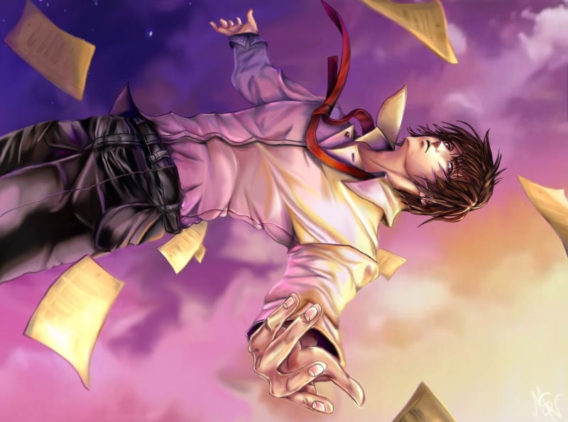 one person, women, anime, females, flying, red, beautiful woman, dancing, hairstyle, Yagami Light, young adult, clothing, necktie, anime boys, wind, white