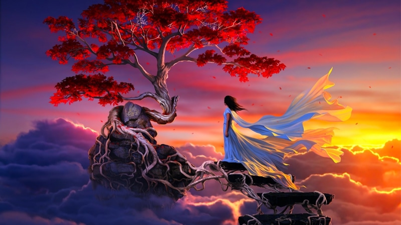 red, tree, nature, no people, sky, pretty, sunset, 1080P, outdoors, silhouette, art, representation, growth, day, digital, motion, sakura, girl, art and craft