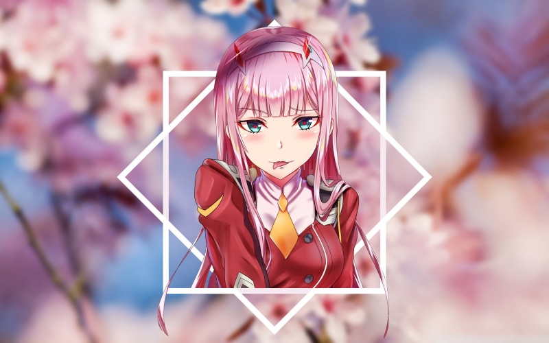 Code:002, cherry blossom, front view, focus on foreground, real people, looking at camera, 1080P, representation, close-up, art and craft, Darling in the FranXX